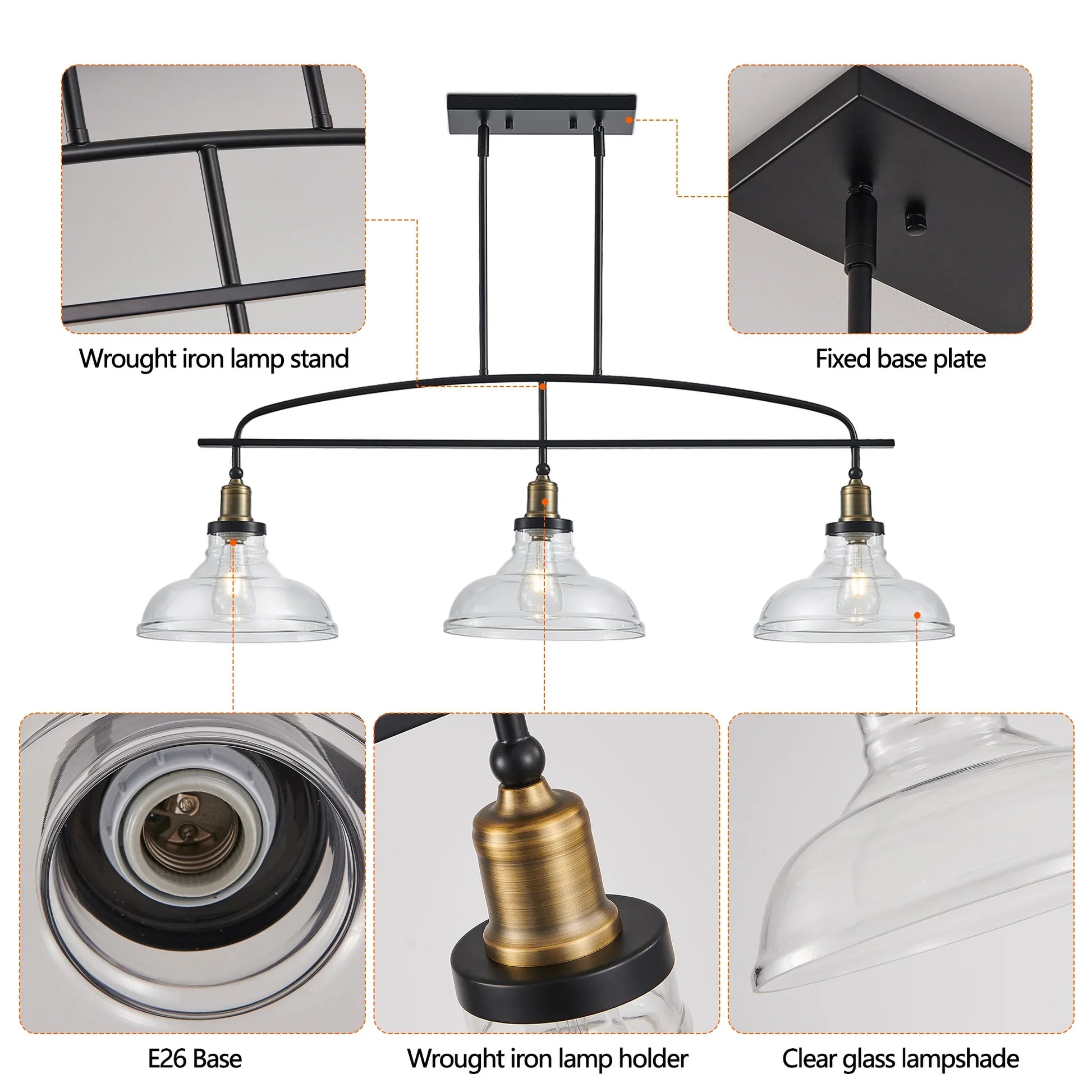 45" Industrial 3-Light Pendant Chandelier with Clear Glass Shades, Adjustable Height, Farmhouse Lighting - okeli lights