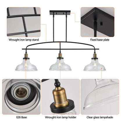 45" Industrial 3-Light Pendant Chandelier with Clear Glass Shades, Adjustable Height, Farmhouse Lighting - okeli lights