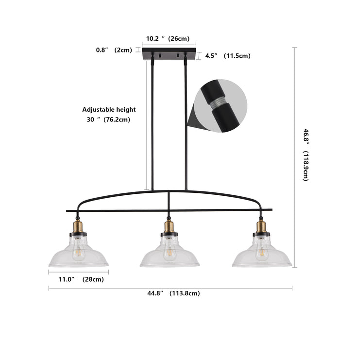 45" Industrial 3-Light Pendant Chandelier with Clear Glass Shades, Adjustable Height, Farmhouse Lighting