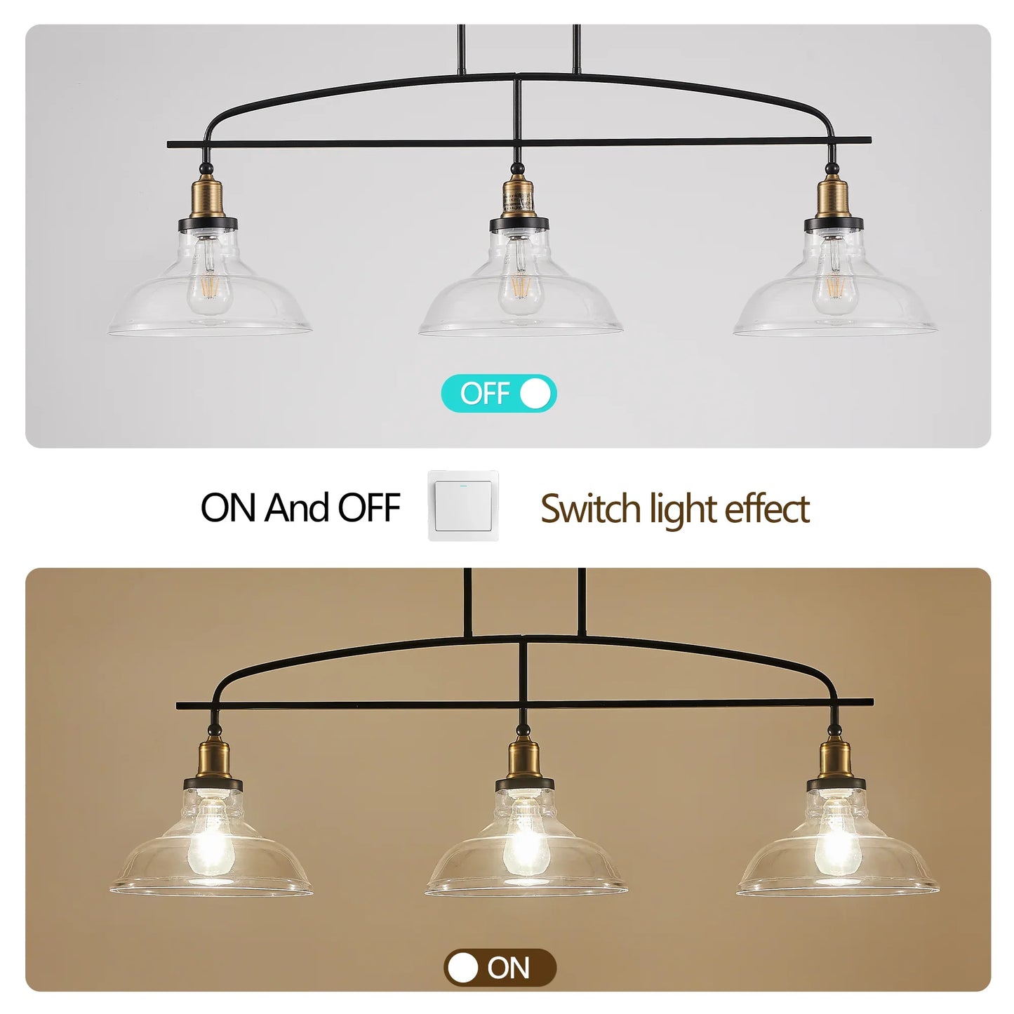 45" Industrial 3-Light Pendant Chandelier with Clear Glass Shades, Adjustable Height, Farmhouse Lighting - okeli lights