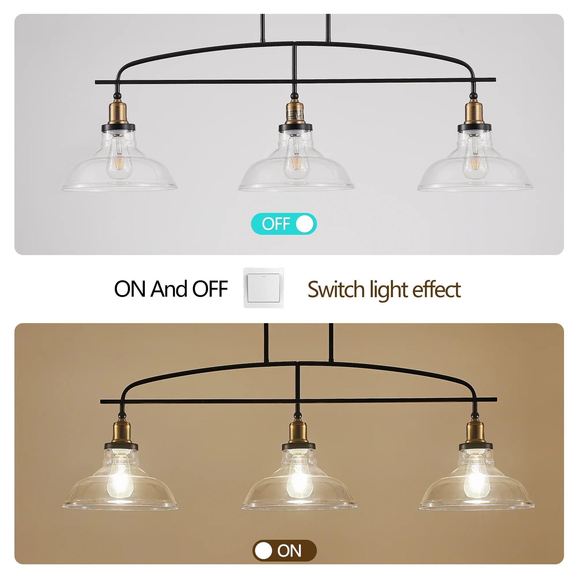 45" Industrial 3-Light Pendant Chandelier with Clear Glass Shades, Adjustable Height, Farmhouse Lighting - okeli lights