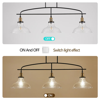 45" Industrial 3-Light Pendant Chandelier with Clear Glass Shades, Adjustable Height, Farmhouse Lighting - okeli lights