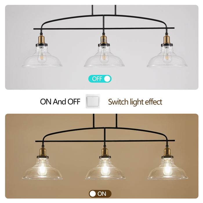 45" Industrial 3-Light Pendant Chandelier with Clear Glass Shades, Adjustable Height, Farmhouse Lighting