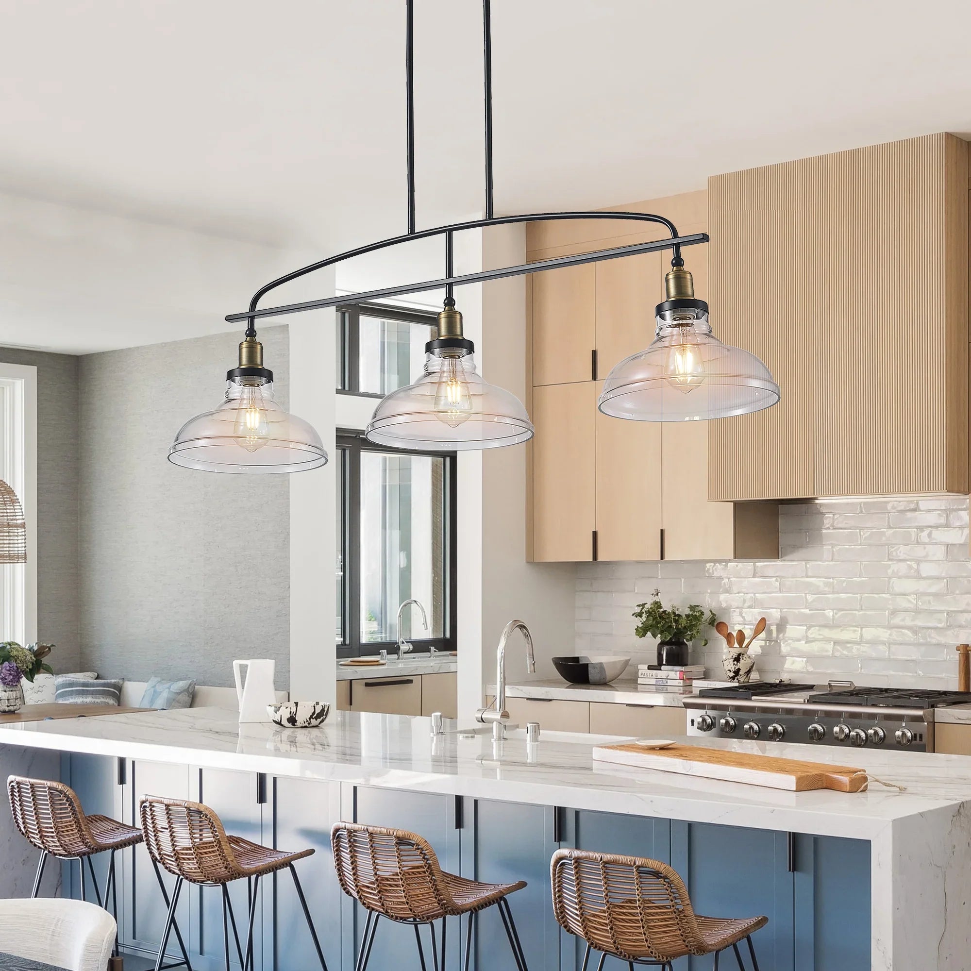 45" Industrial 3-Light Pendant Chandelier with Clear Glass Shades, Adjustable Height, Farmhouse Lighting - okeli lights