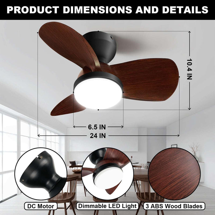 Ceiling Fan with Light Flush Mount, Small Low Profile 6-Speeds Quiet Reversible Timer, Wood Grain - okeli lights