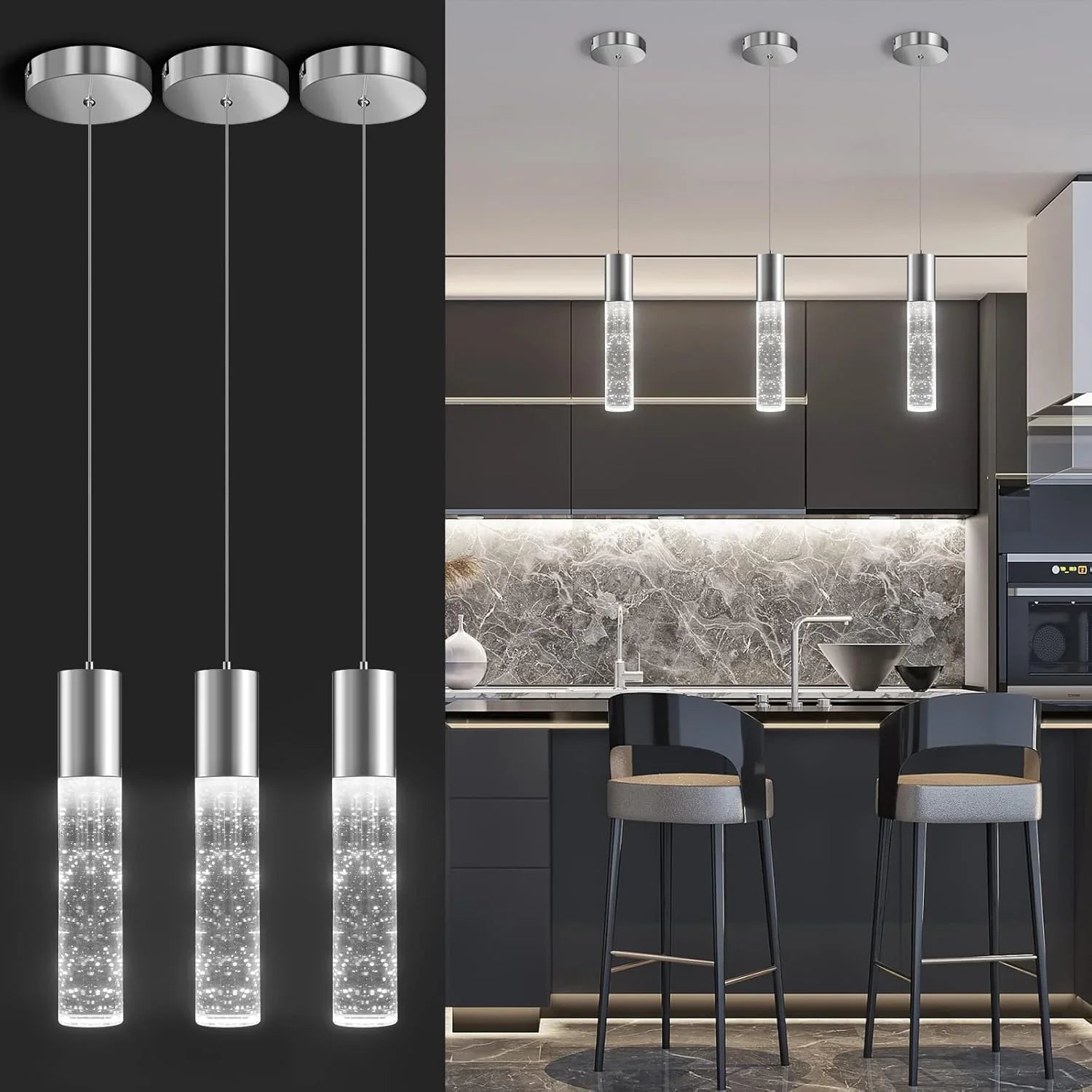 OKELI LED Bubble Crystal Kitchen Island Chrome Mini Pendant Lights 3-Pack - okeli lights