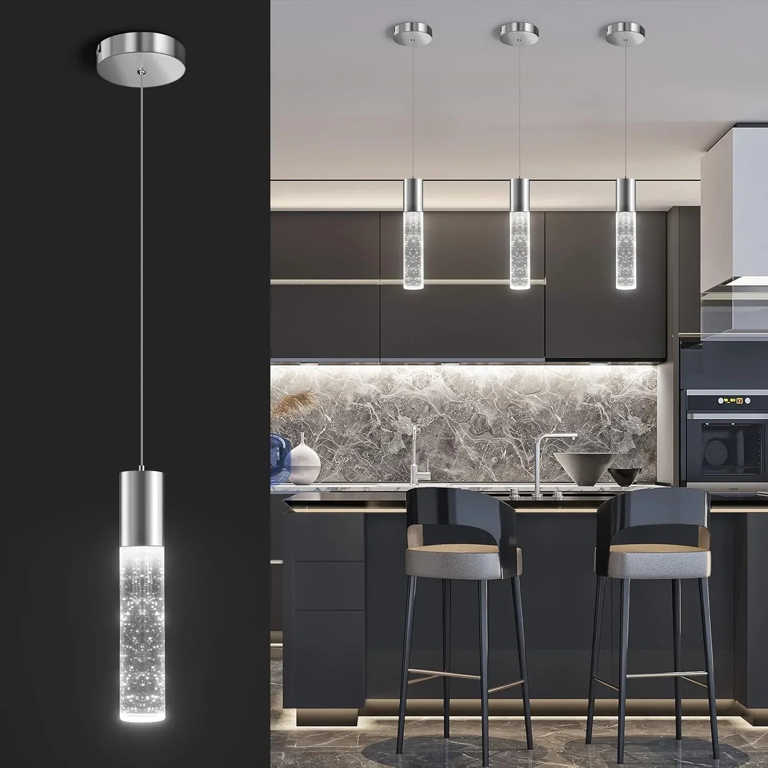 OKELI Modern Pendant Light, LED Bubble Crystal Kitchen Island Lights Fixtures, Chrome Mini Single 1-Pack - okeli lights