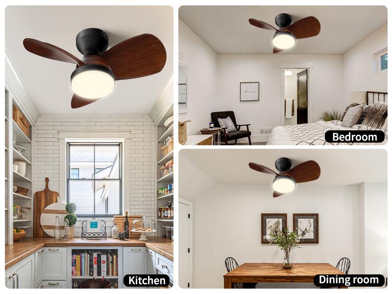 Ceiling Fan with Light Flush Mount, Small Low Profile 6-Speeds Quiet Reversible Timer, Wood Grain - okeli lights