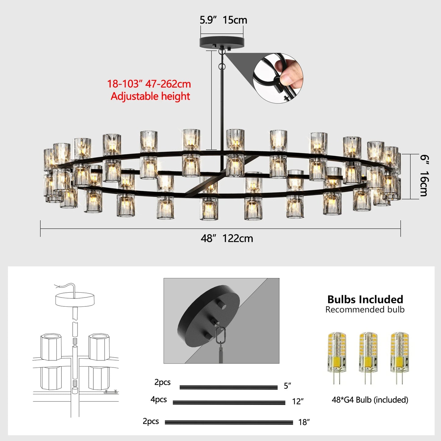48 Inches Luxury Chandeliers Crystal Living Room Decorative Lights Simple Modern Dining Room(Bulbs Included) - okeli lights