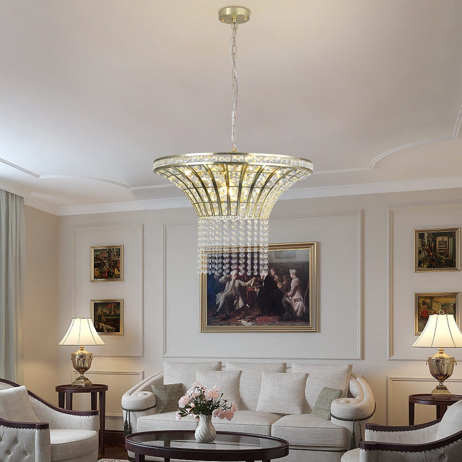Modern Crystal Chandelier Elegant Gold Finish with Cascading Beads 24-39 inch Luxury Home Decor Light Fixture