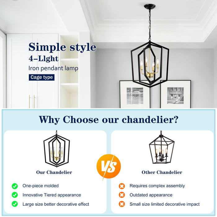 Matte Black Gold Chandelier for Dining Room 4-Light Kitchen Light Fixture Metal Industrial - okeli lights