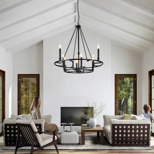 Matte Black Wheel Dimmable Chandelier 2Tier 8Lights Height Adjustable Wagon Wheel Lighting - okeli lights