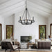 Living room with a black chandelier