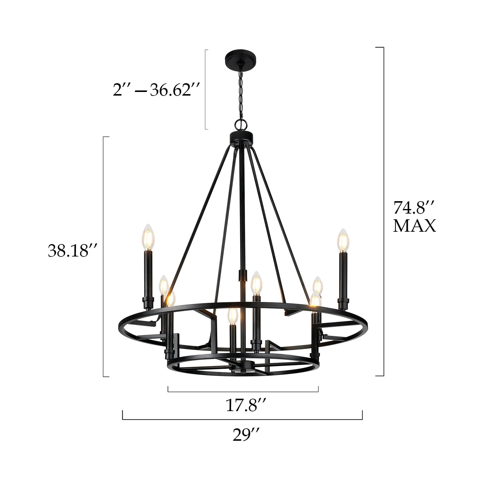 Matte Black Wheel Dimmable Chandelier 2Tier 8Lights Height Adjustable Wagon Wheel Lighting - okeli lights Black chandelier with dimensions indicated on a white background