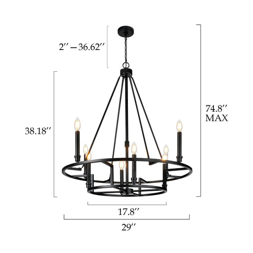 Matte Black Wheel Dimmable Chandelier 2Tier 8Lights Height Adjustable Wagon Wheel Lighting - okeli lights Black chandelier with dimensions indicated on a white background