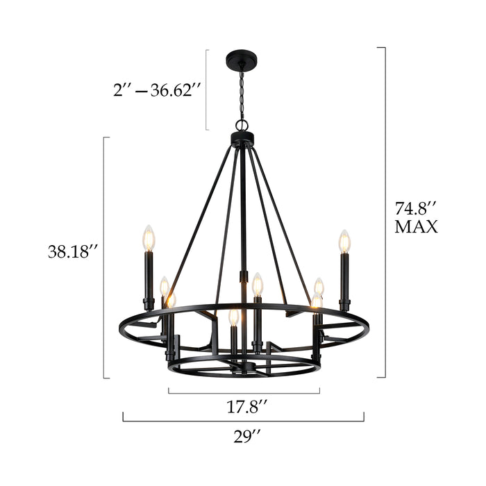 Matte Black Wheel Dimmable Chandelier 2Tier 8Lights Height Adjustable Wagon Wheel Lighting - okeli lights Black chandelier with dimensions indicated on a white background