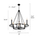 Matte Black Wheel Dimmable Chandelier 2Tier 8Lights Height Adjustable Wagon Wheel Lighting - okeli lights Black chandelier with dimensions indicated on a white background