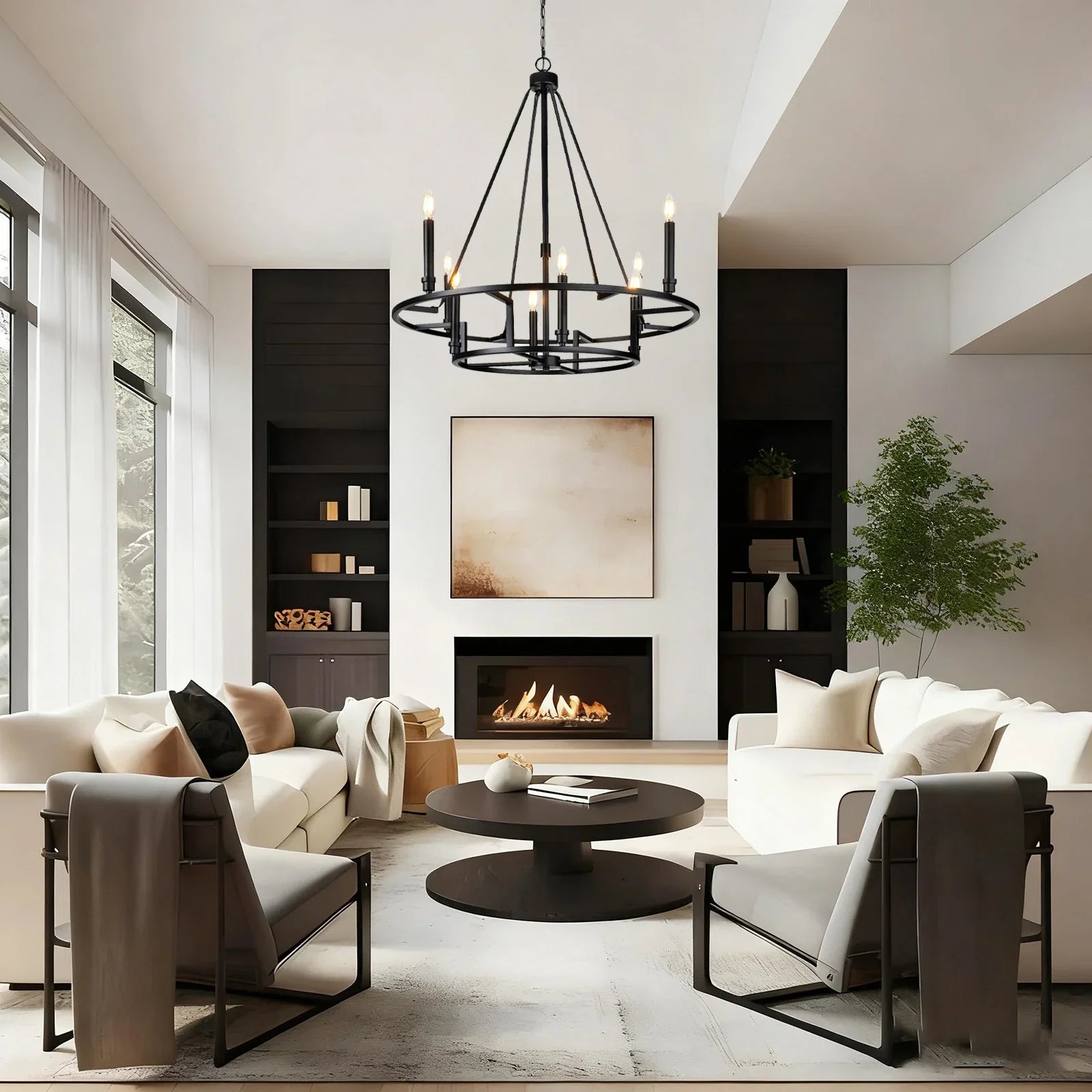 Modern living room with white sofas, a coffee table, and a chandelier.