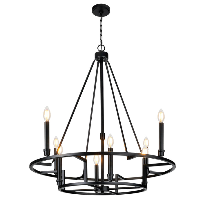 Matte Black Wheel Dimmable Chandelier 2 Tier 8 Lights Height Adjustable Wagon Wheel Lighting