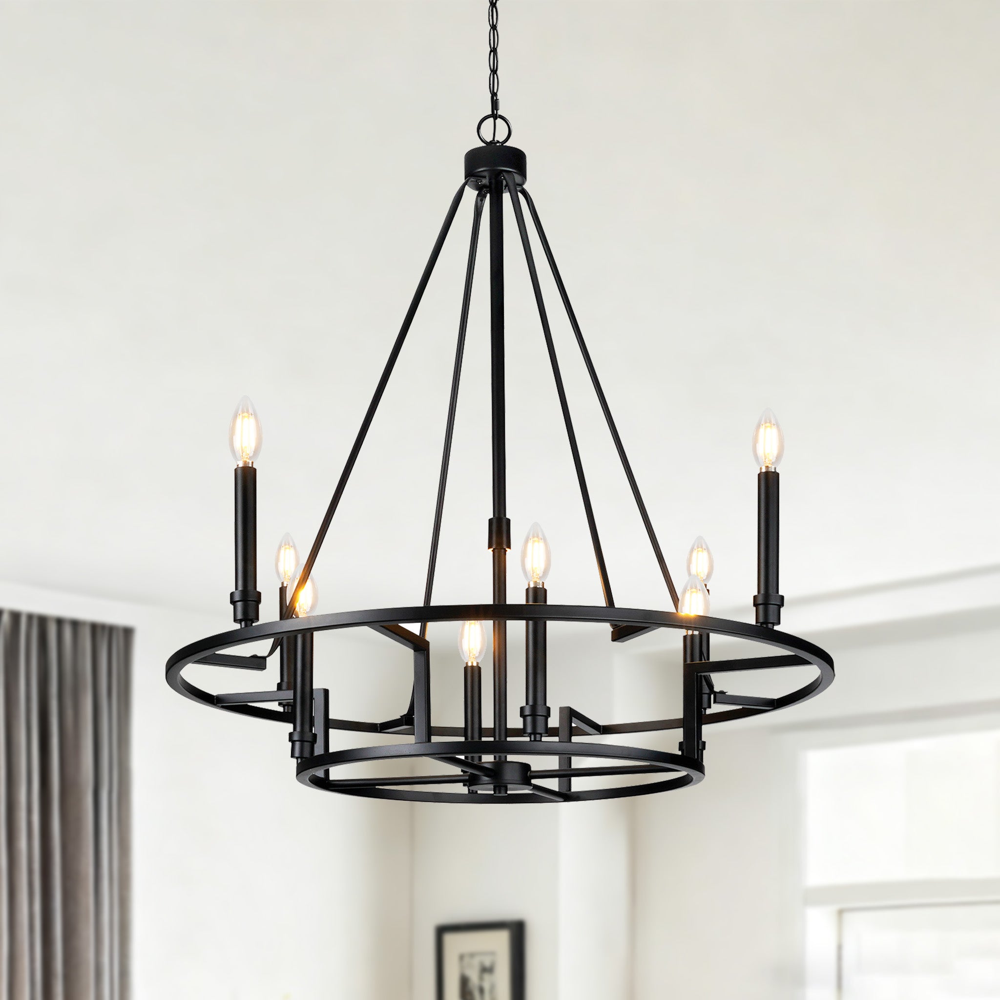 Modern Matte Black Wagon Wheel Chandelier, 8-Light 2-Tier