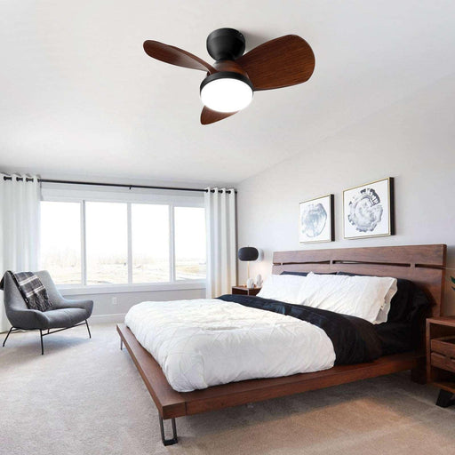 Ceiling Fan with Light Flush Mount, Small Low Profile 6-Speeds Quiet Reversible Timer, Wood Grain - okeli lights