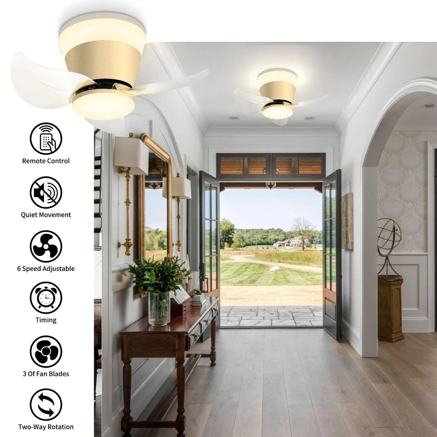 OKELI Modern Gold Ceiling Fan with Lights APP Control Adjustable Color - okeli lights