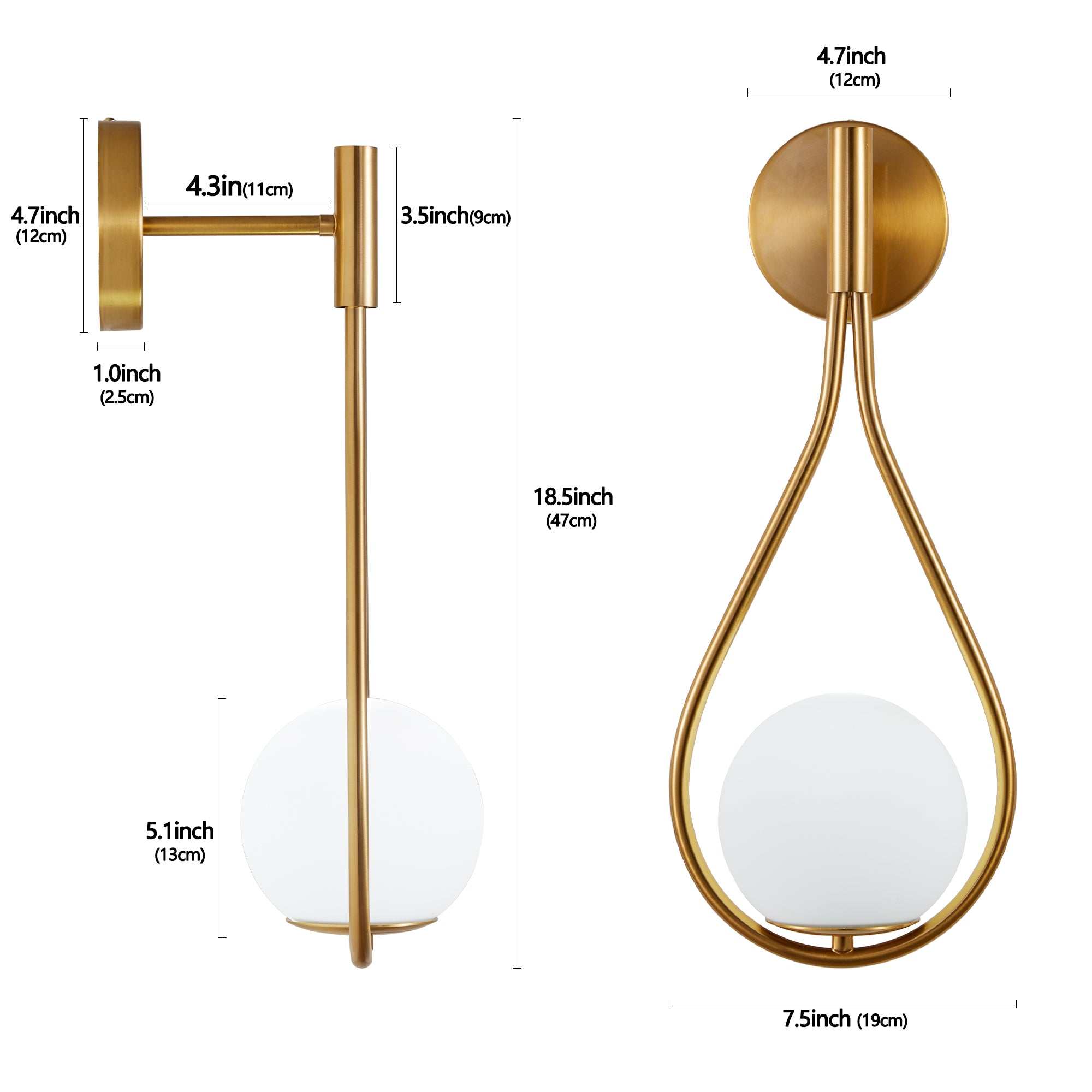 19" Set of 2 Modern Gold Wall Sconces with Opal Glass Globe, Mid-Century Design, Luxury Wall Lights