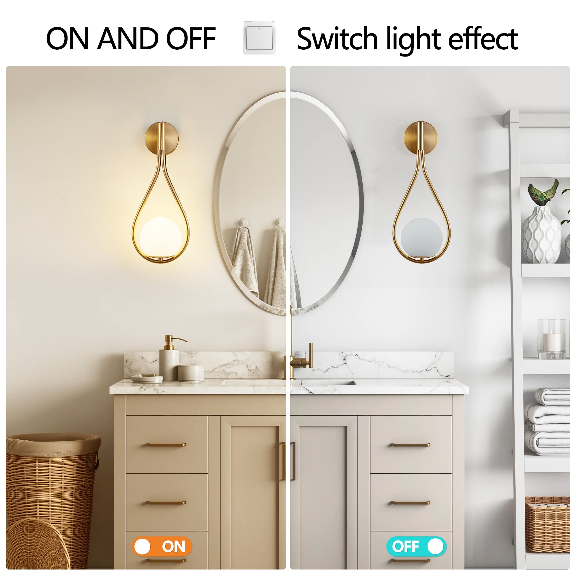 19" Set of 2 Modern Gold Wall Sconces with Opal Glass Globe, Mid-Century Design, Luxury Wall Lights
