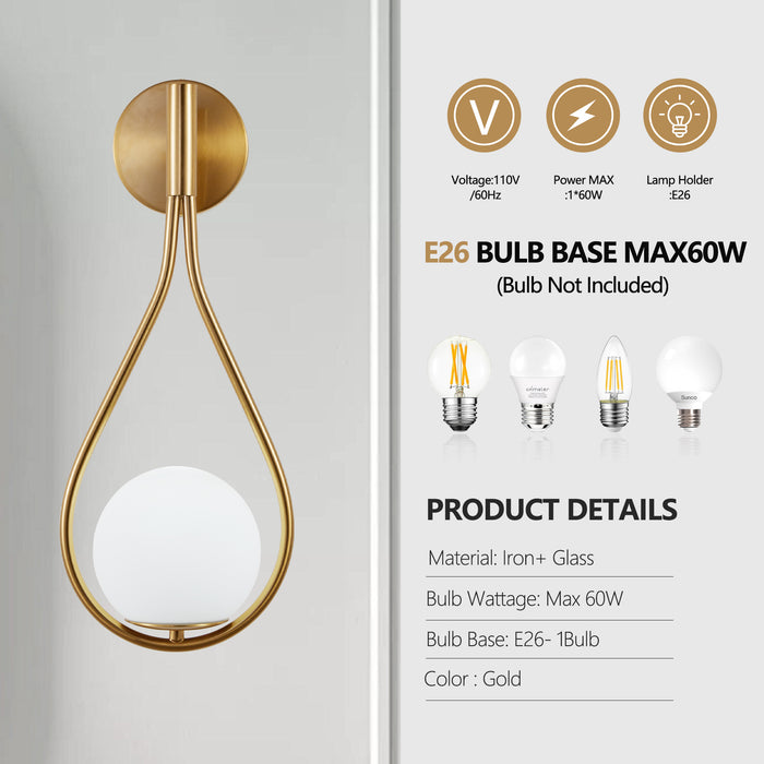 19" Set of 2 Modern Gold Wall Sconces with Opal Glass Globe, Mid-Century Design, Luxury Wall Lights
