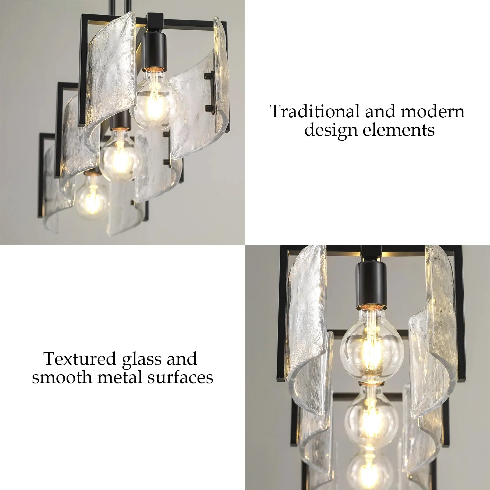 Chandelier with textured glass and smooth metal surfaces on a gray background