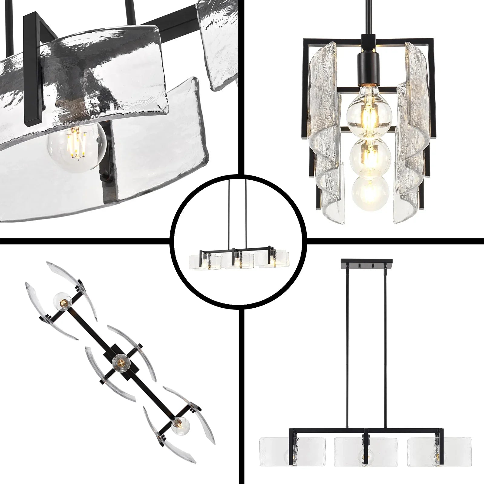 Collage of modern pendant lights with glass shades and metal frames.