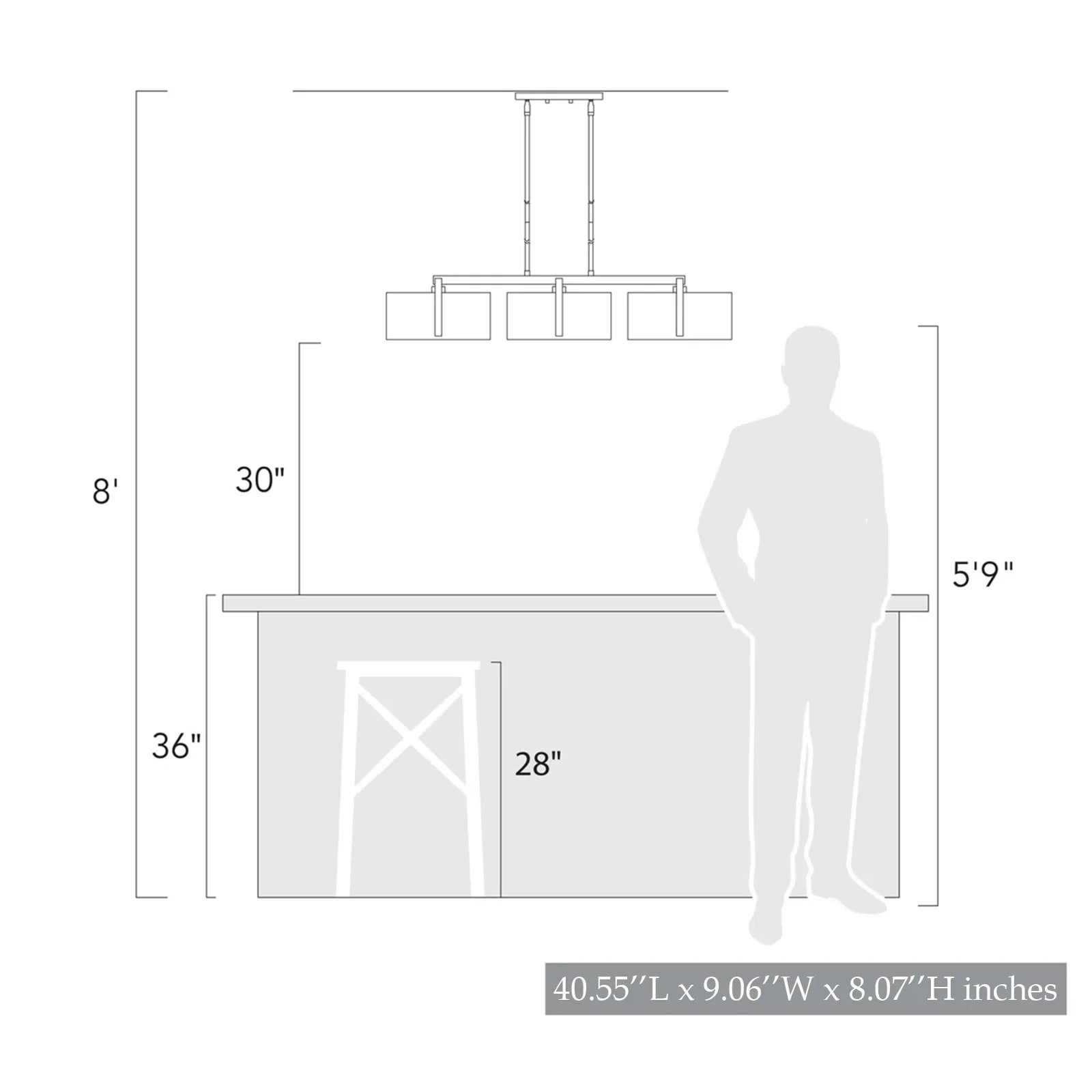 Flower branch chandelier applications in a setting. Compare the bar counter dimensions (including dimensions) with a mannequin (for scale).