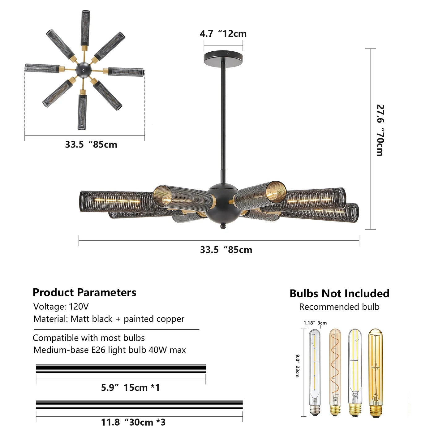 34" Modern Industrial Sputnik Chandelier, 8-Light Black and Gold Metal Pendant Light with Mesh Shades, E26 Base - okeli lights