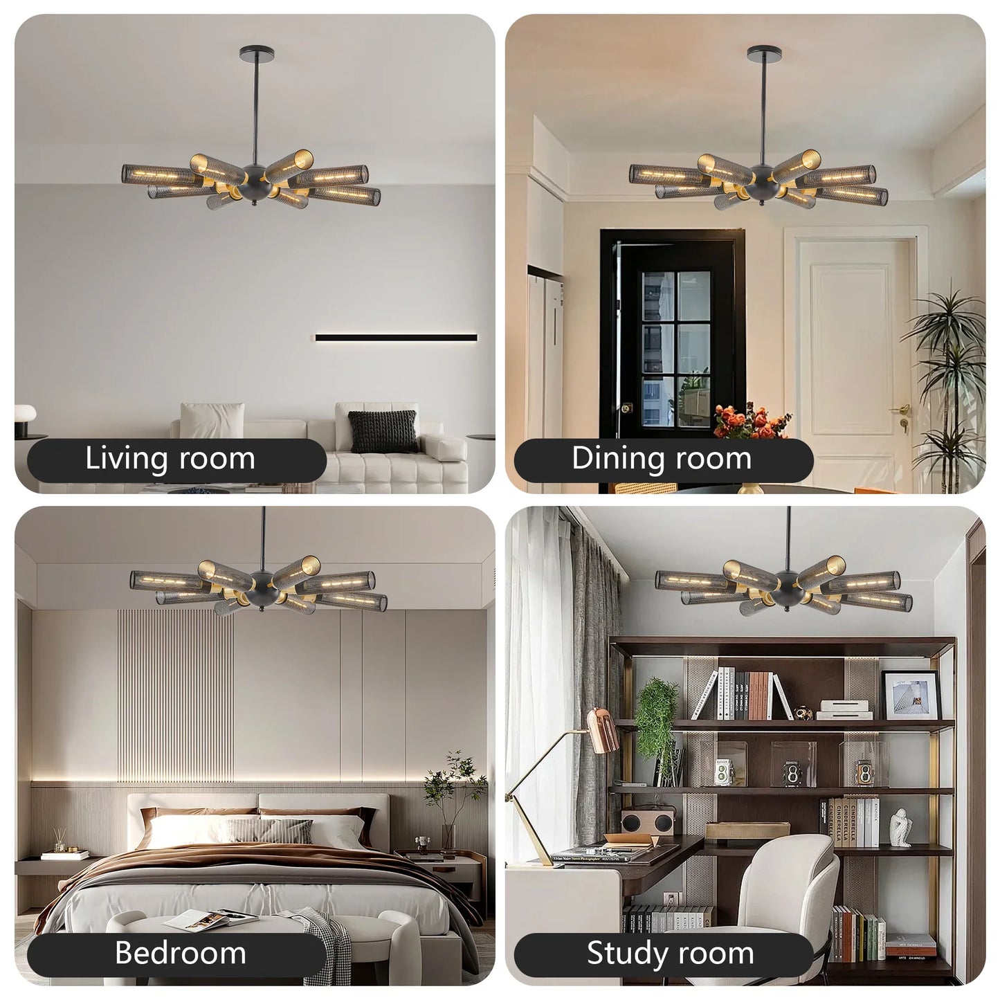 34" Modern Industrial Sputnik Chandelier, 8-Light Black and Gold Metal Pendant Light with Mesh Shades, E26 Base - okeli lights