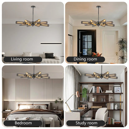 34" Modern Industrial Sputnik Chandelier, 8-Light Black and Gold Metal Pendant Light with Mesh Shades, E26 Base - okeli lights