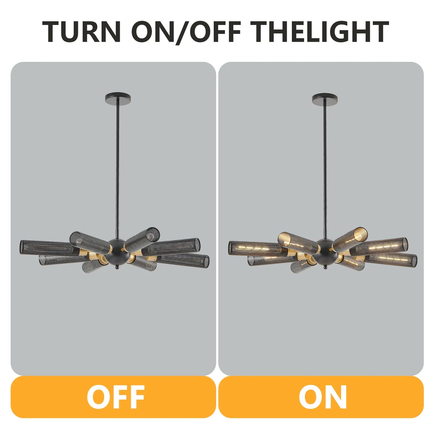 34" Modern Industrial Sputnik Chandelier, 8-Light Black and Gold Metal Pendant Light with Mesh Shades, E26 Base - okeli lights