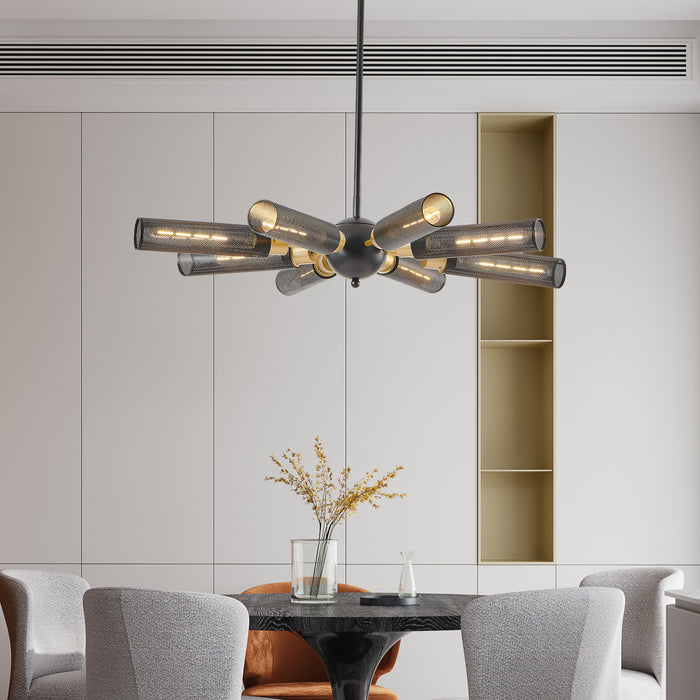34" Modern Industrial Sputnik Chandelier, 8-Light Black and Gold Metal Pendant Light with Mesh Shades, E26 Base