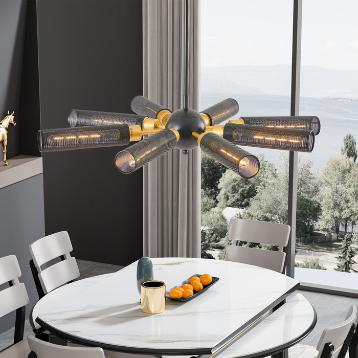 34" Modern Industrial Sputnik Chandelier, 8-Light Black and Gold Metal Pendant Light with Mesh Shades, E26 Base