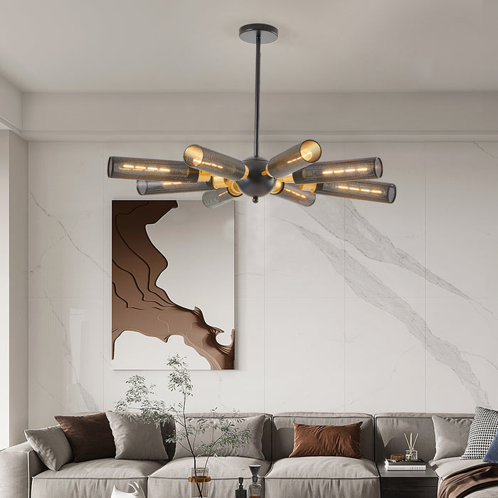 34" Modern Industrial Sputnik Chandelier, 8-Light Black and Gold Metal Pendant Light with Mesh Shades, E26 Base