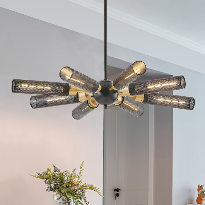 34" Modern Industrial Sputnik Chandelier, 8-Light Black and Gold Metal Pendant Light with Mesh Shades, E26 Base
