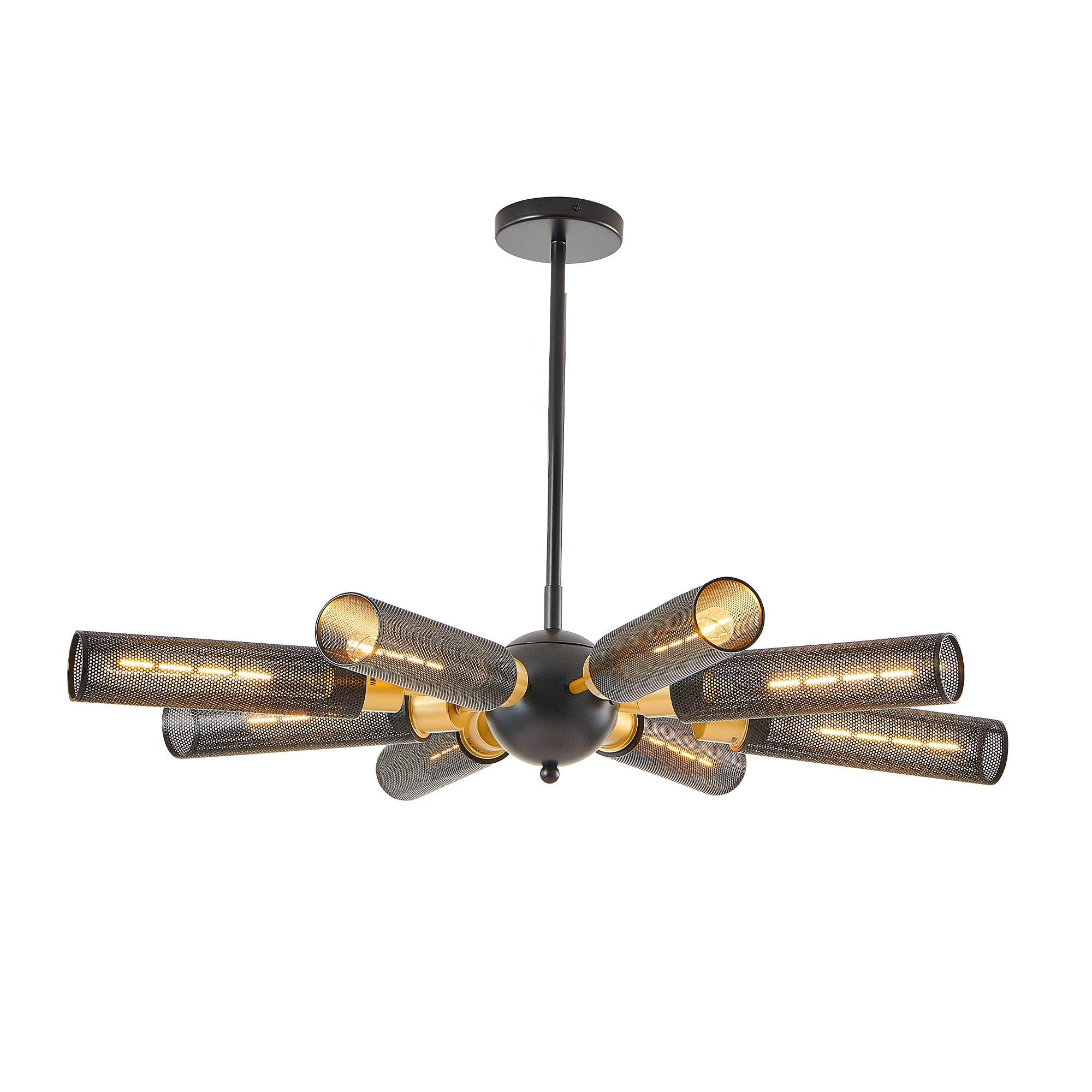 34" Modern Industrial Sputnik Chandelier, 8-Light Black and Gold Metal Pendant Light with Mesh Shades, E26 Base - okeli lights