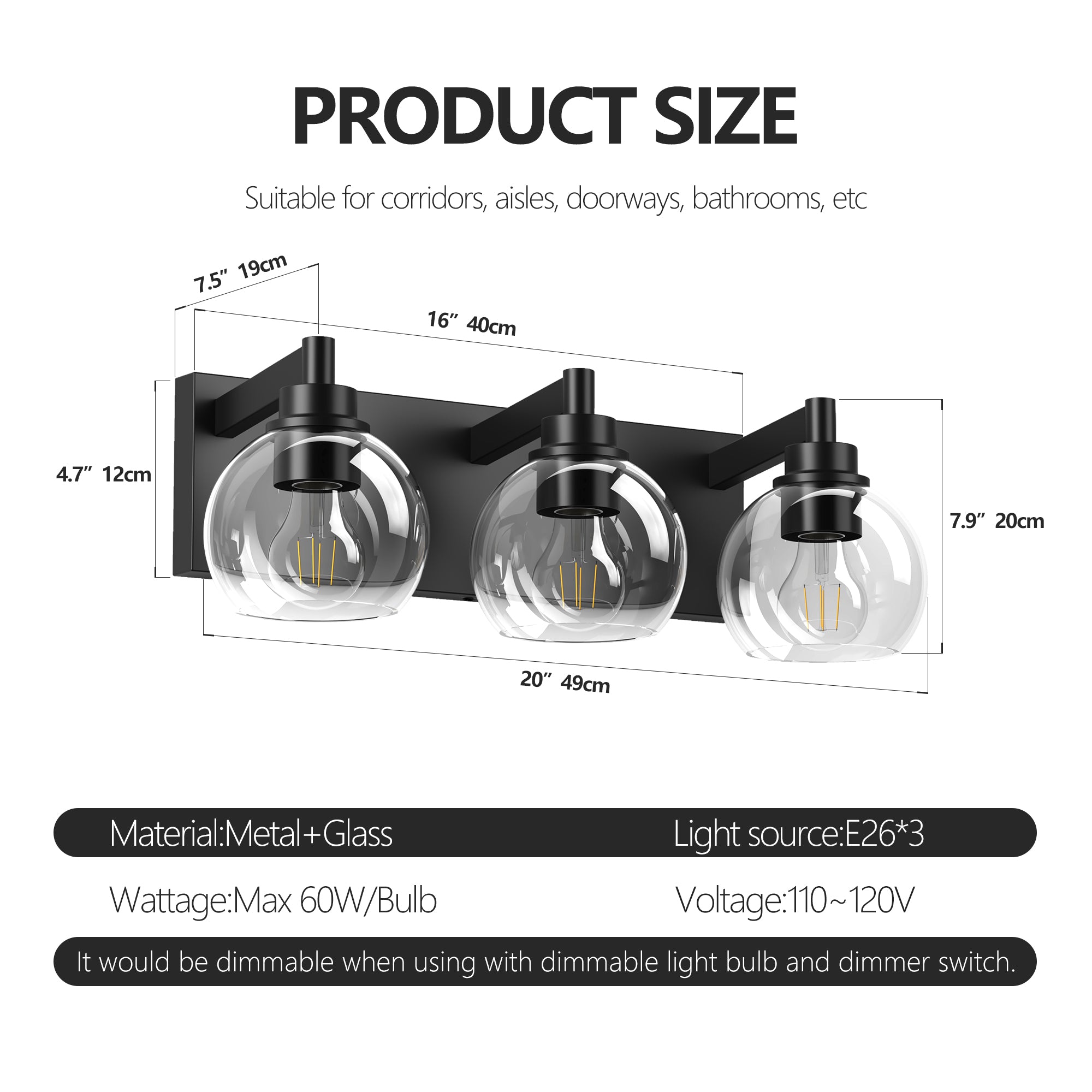 Bathroom Vanity Light Modern Lighting Over Mirror with Clear Glass Shade and Metal Base Matte Black Fixtures