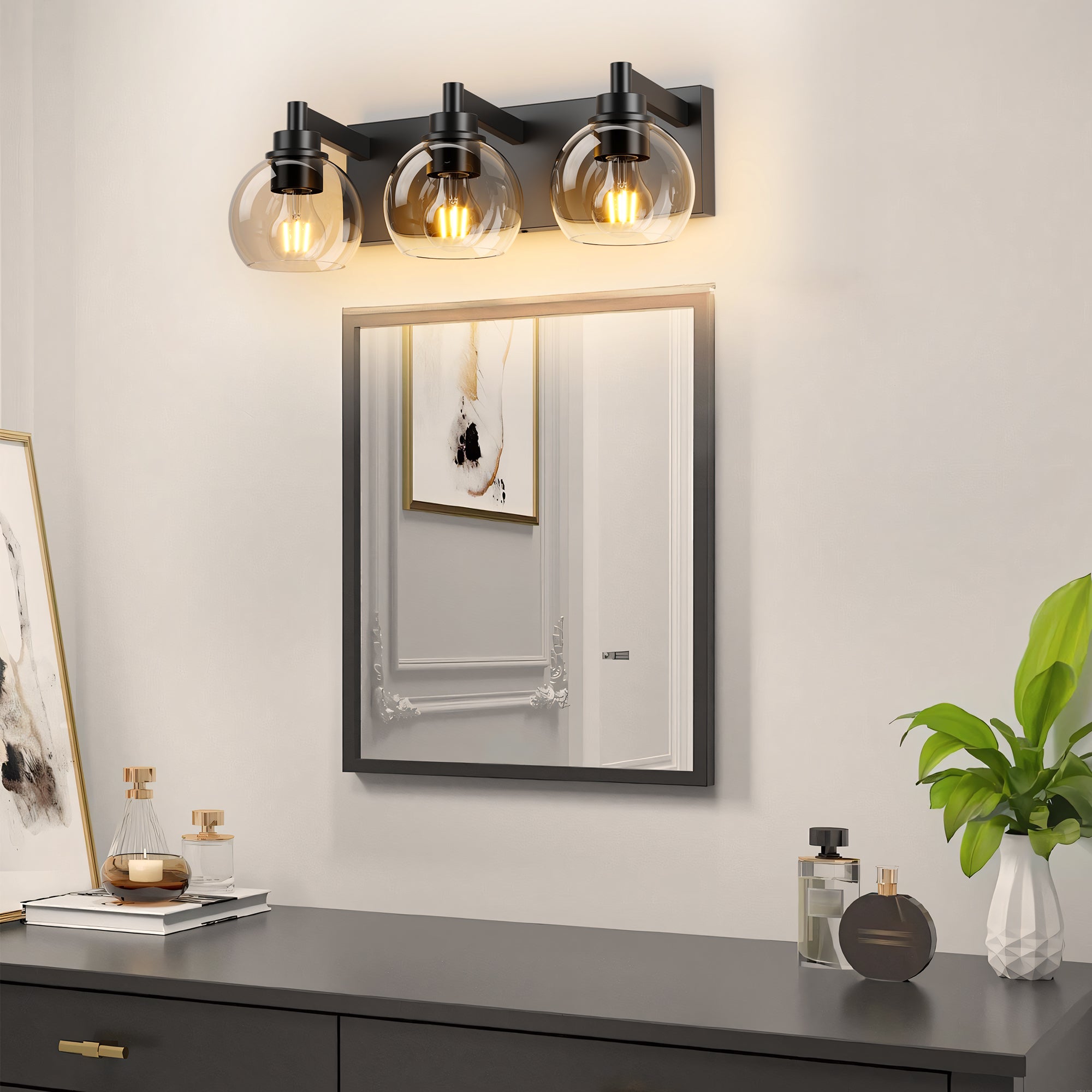 Bathroom Vanity Light Modern Lighting Over Mirror with Clear Glass Shade and Metal Base Matte Black Fixtures