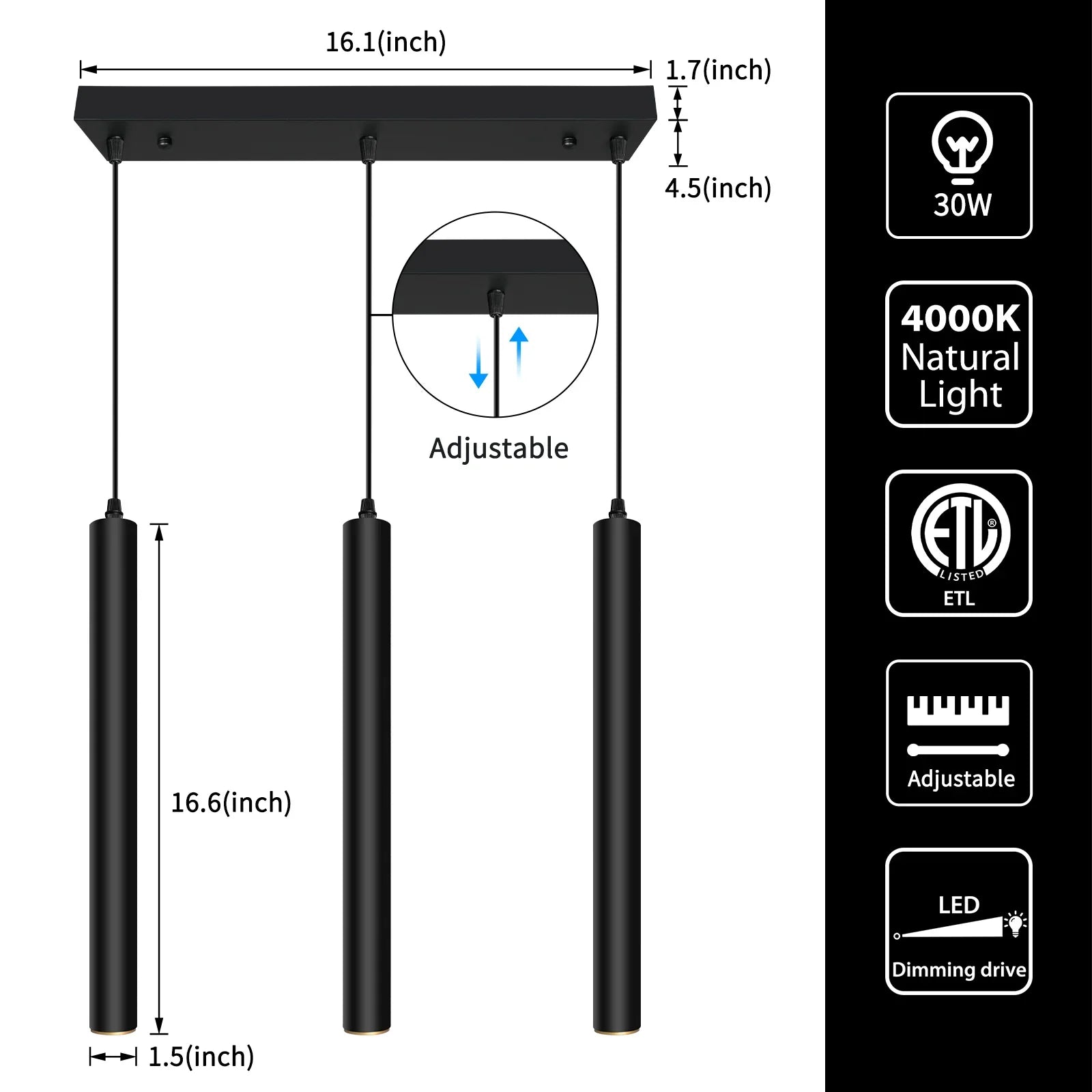 Modern Pendant Light LED Square 3-Light Dimmable 30W 2300LM 4000K - okeli lights