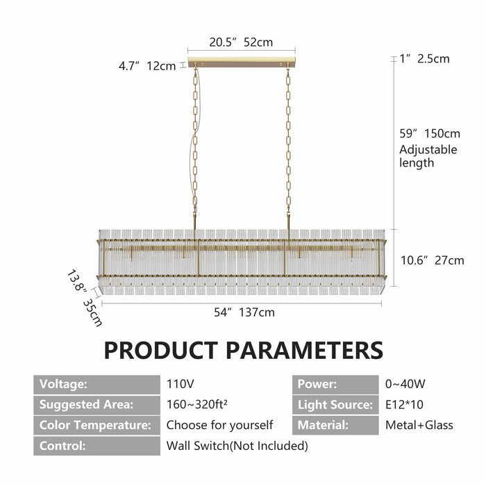 Modern Rectangular Crystal Glass Chandelier 10-Lights Contemporary Pendant Ceiling Lighting Fixture