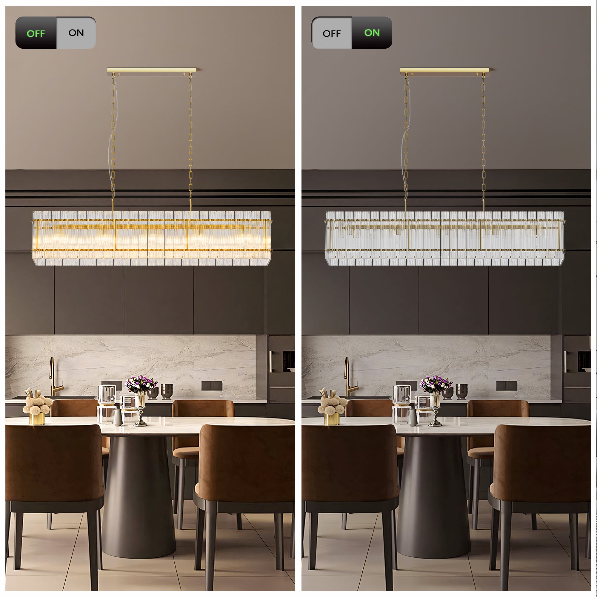 Modern Rectangular Crystal Glass Chandelier 10-Lights Contemporary Pendant Ceiling Lighting Fixture