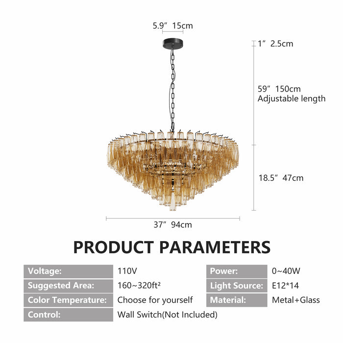 Modern 37" Extra Large Chandeliers 14-Light with Tiered Smoke Glass Tubes Ceiling Light Round and Rectangular