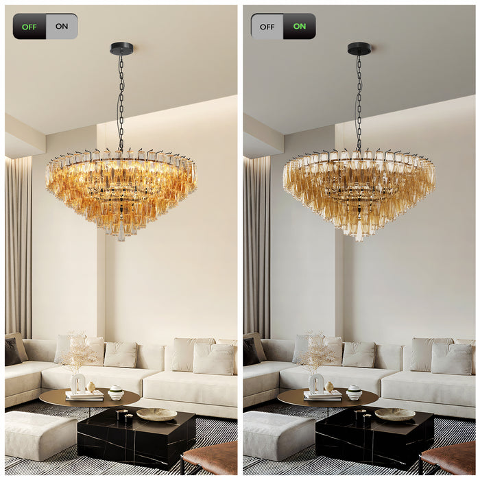 Modern 37" Extra Large Chandeliers 14-Light with Tiered Smoke Glass Tubes Ceiling Light Round and Rectangular