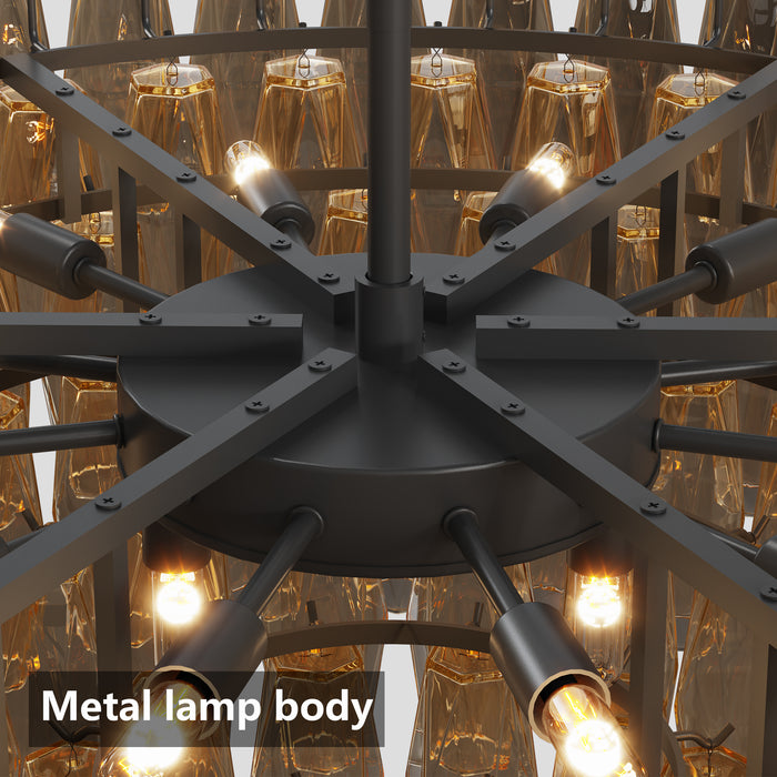 Modern 37" Extra Large Chandeliers 14-Light with Tiered Smoke Glass Tubes Ceiling Light Round and Rectangular