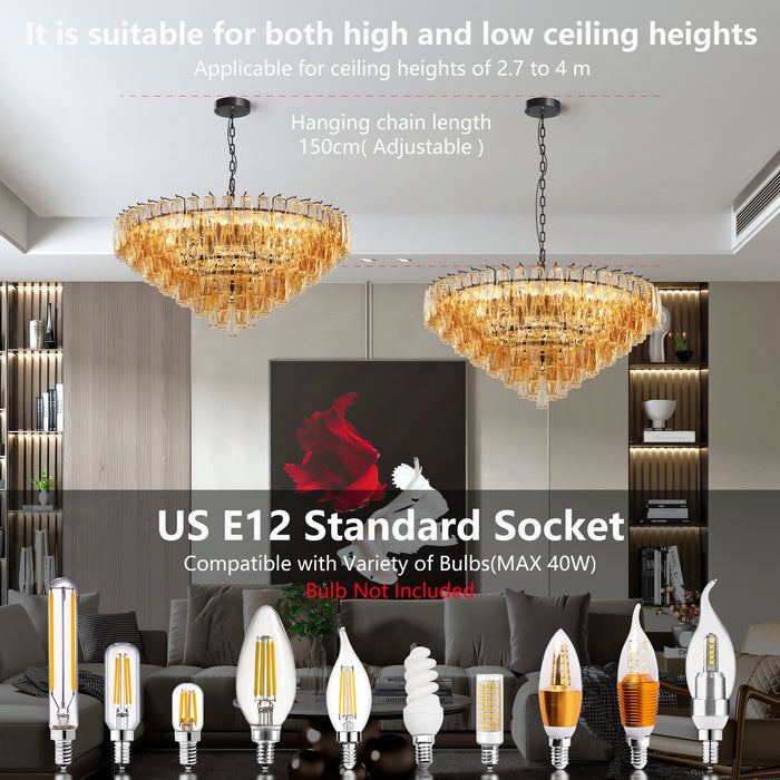 Modern 37" Extra Large Chandeliers 14-Light with Tiered Smoke Glass Tubes Ceiling Light Round and Rectangular